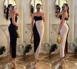 Vestido straple color negro con beige