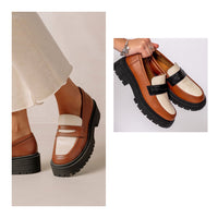 Zapatos chunky negro, camel y hueso