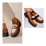 Zapatos chunky negro, camel y hueso
